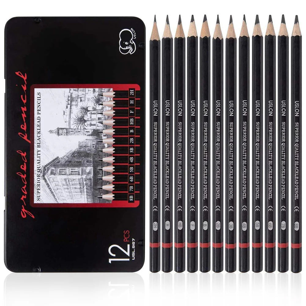 Set of 12 Drawing & Sketching Pencils – Different Shades (Tin Box)