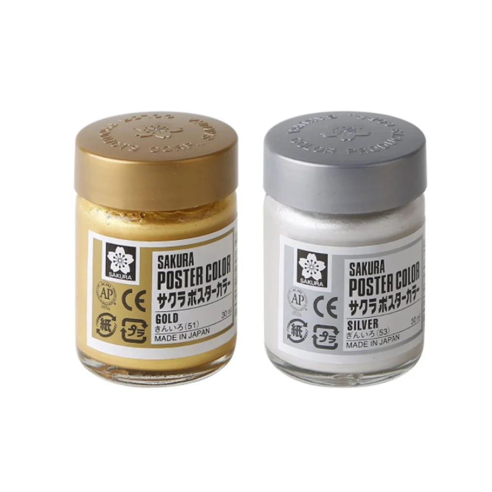 Sakura Poster Color Watercolor Metallic Paint – Silver & Gold 30ml | Pack of 2