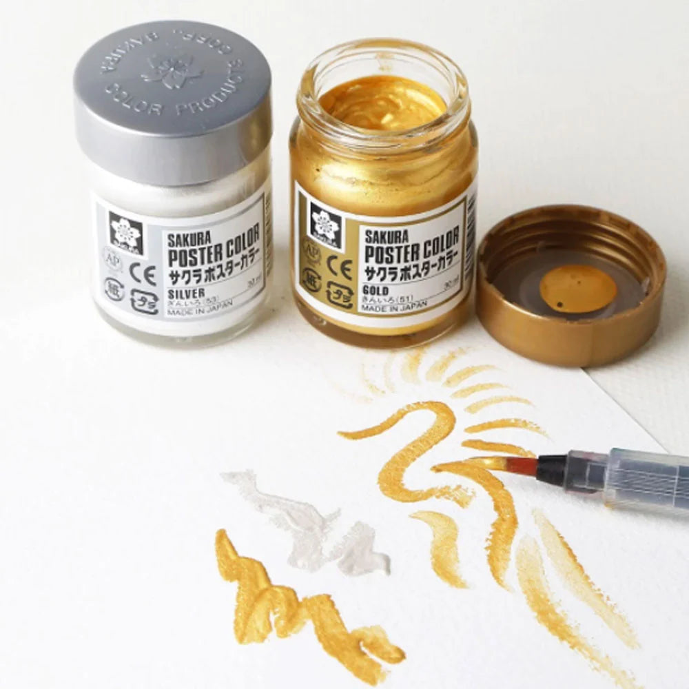Sakura Poster Color Watercolor Metallic Paint – Silver & Gold 30ml | Pack of 2
