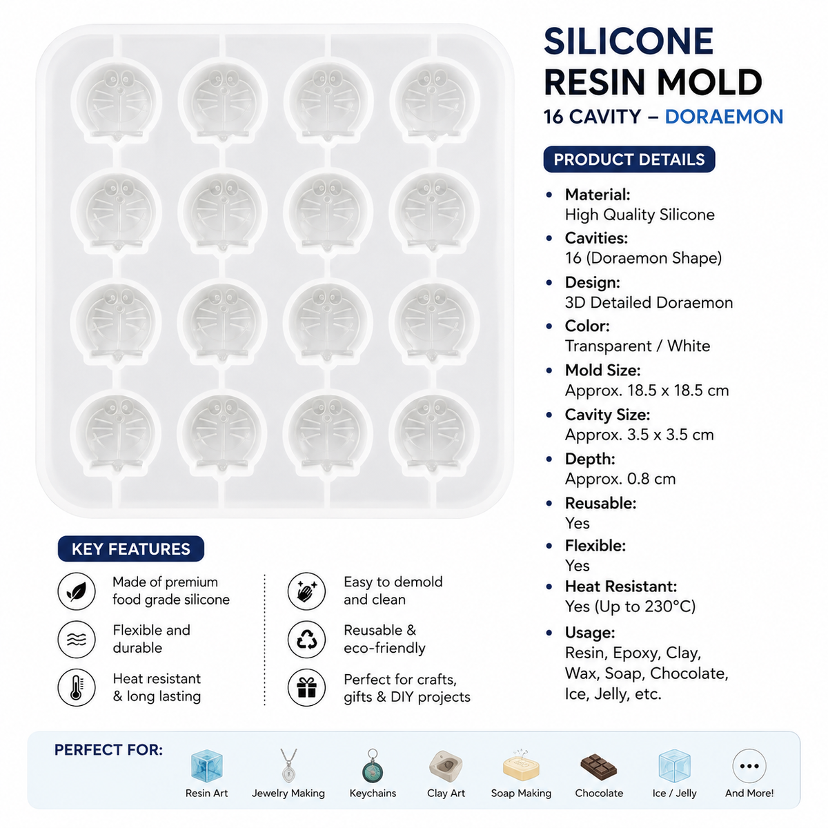 Doraemon Shape Silicone Resin Mold – 16 Cavity – 7×7 Inch